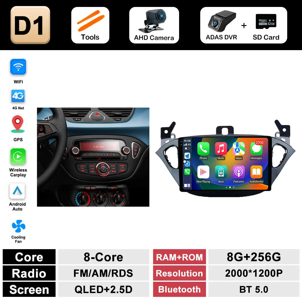 Autoradio per Opel Corsa E (2015–2019) Bluetooth con CarPlay e Android Auto