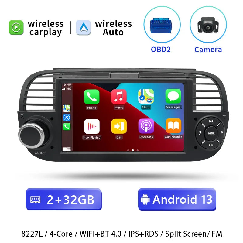 AutoRadio for FIAT 500/Abarth (2007-2015), wireless CarPlay, Android Auto