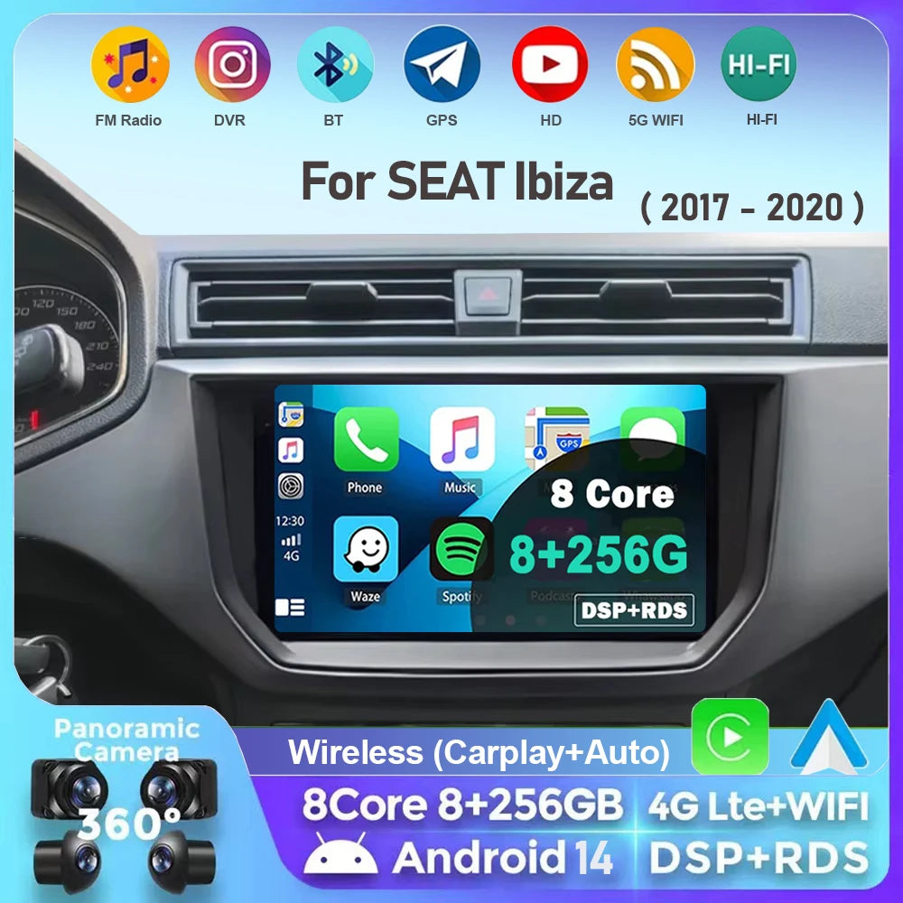 AutoRadio per SEAT Ibiza (2017-2020) – Sistema multimediale con CarPlay, navigazione GPS, WiFi, 4G e stereo integrato.